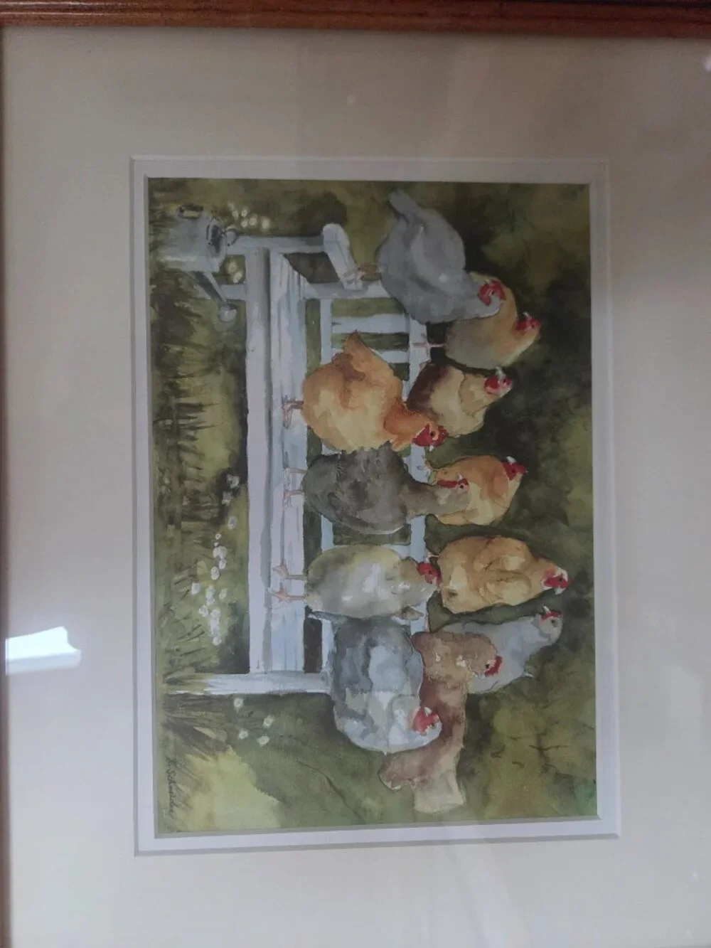 rustic watercolor painting with a line of colorful chickens perched together